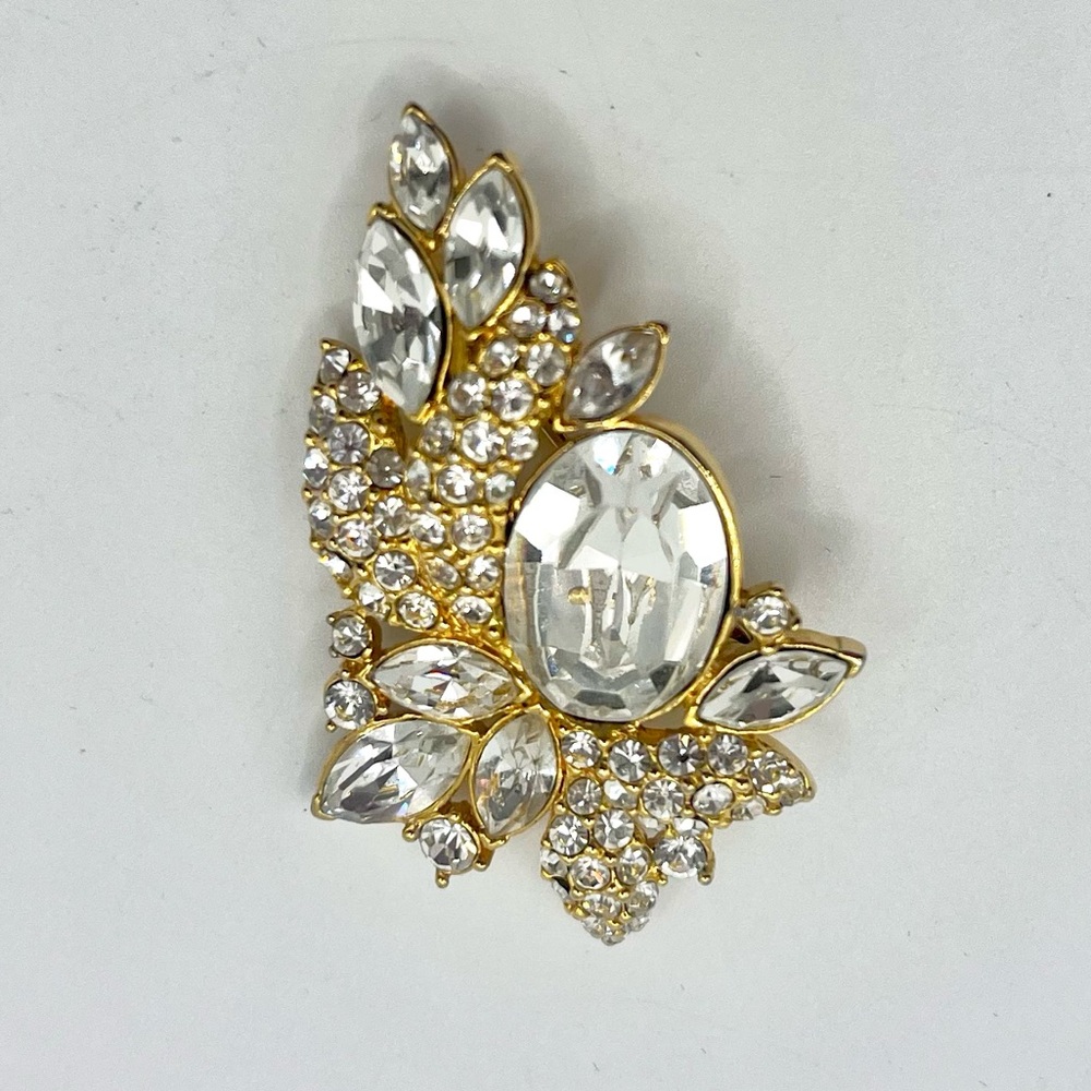 Vintage Monet Brooch Gold Tone Crystal Leaf Pin Rhinestone Cascade Floral Design